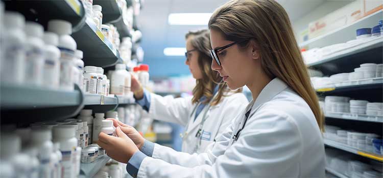 two pharmacy technicians in florida restock pharmacy shelves with medications