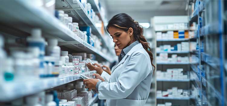 two pharmacy technicians search for inventory to fill prescriptions on crowded pharmacy shelves