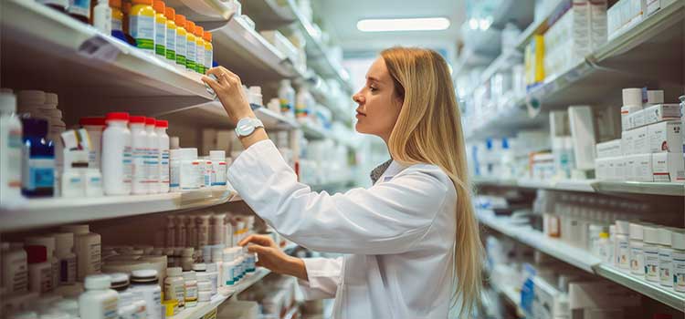 pharmacy technician searches for medicine to compound for patient