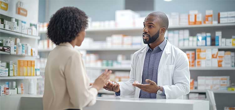 pharmacy technician explains difference between brand and generic products to customer