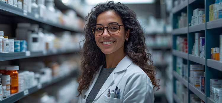 smiling pharmacy technician in pharmacy backroom full of medications